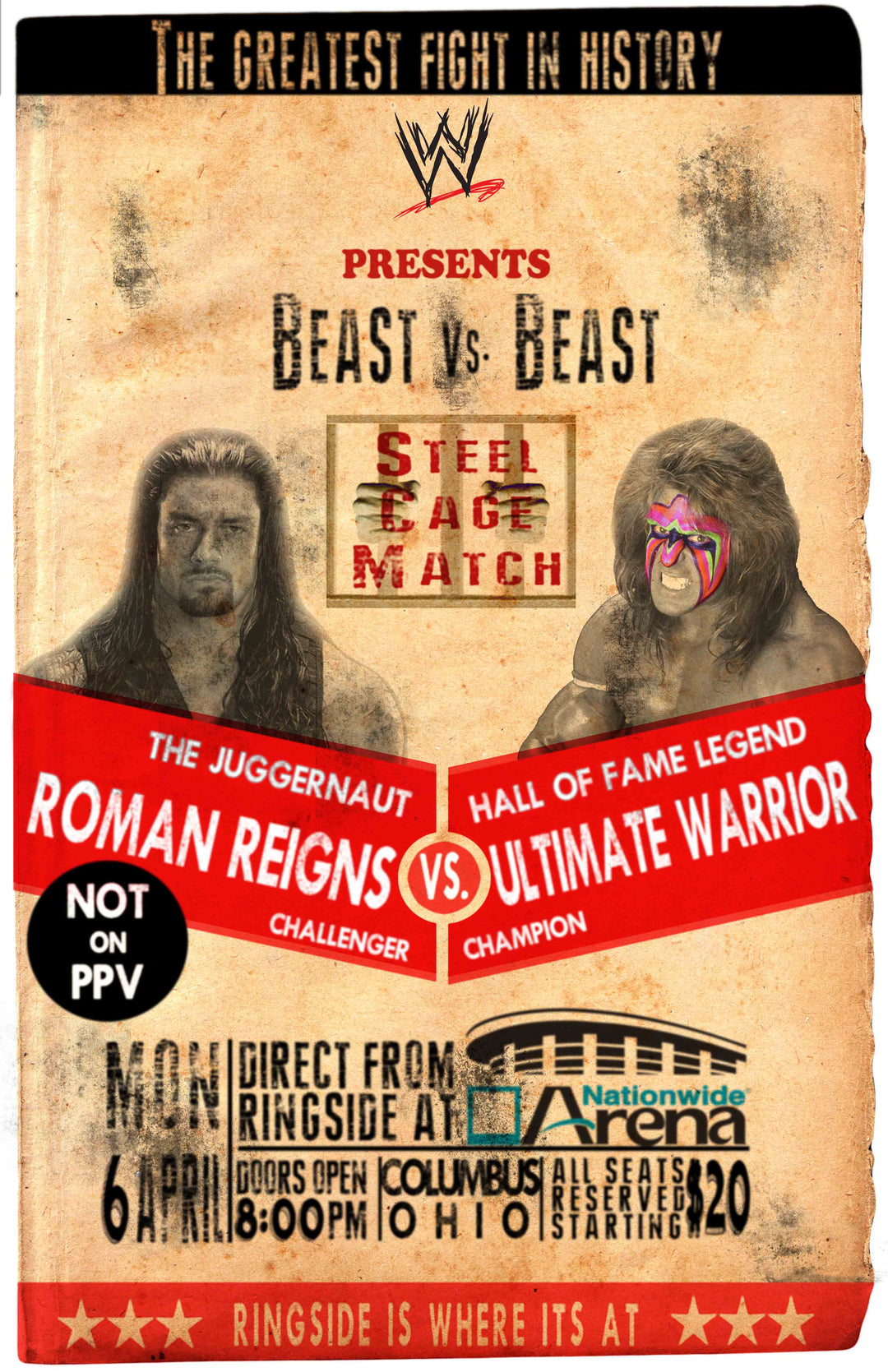 Roman Reigns Vs. Ultimate Warrior Steel Cage Match Wrestling Poster